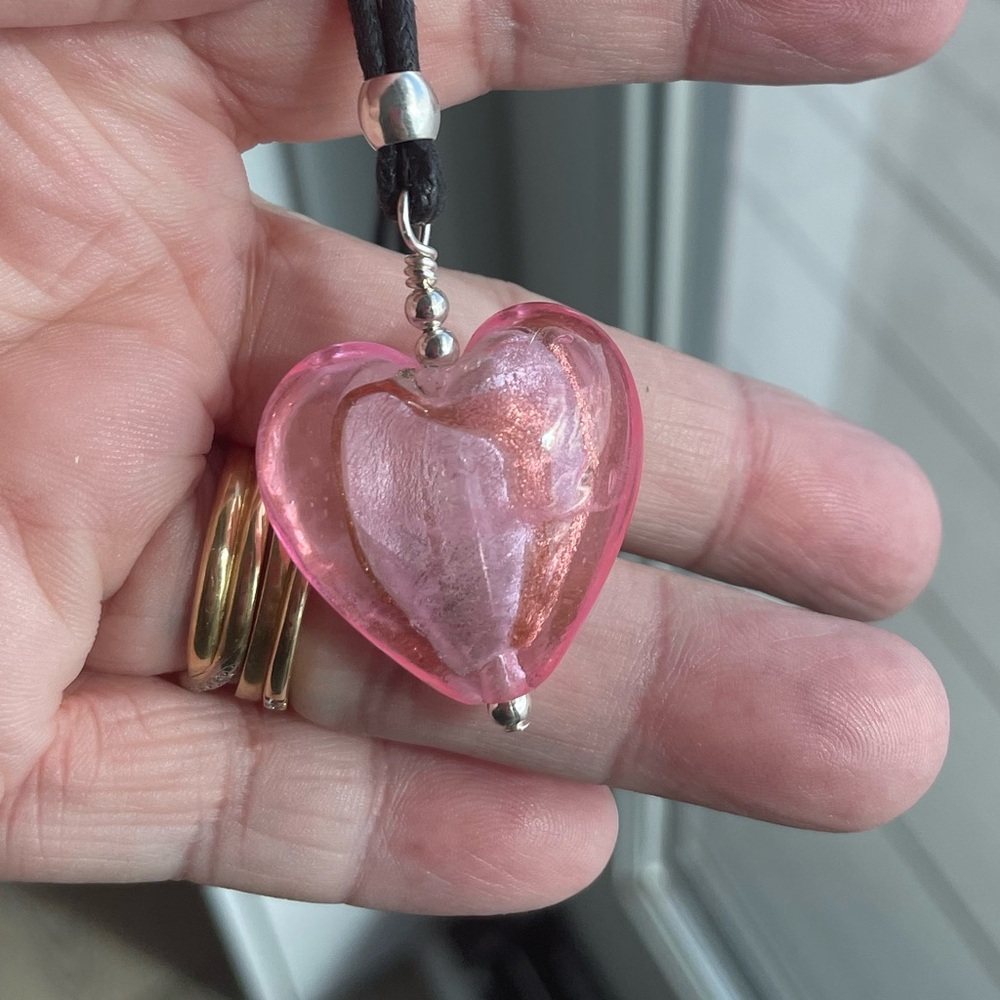 Handmade Pink with Gold Foil Lined Glass Heart Necklace on 18” Black
Cord